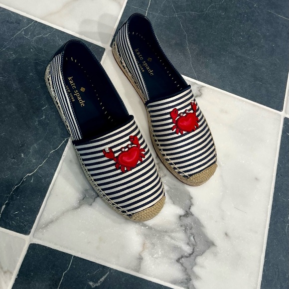 Kate Spade Navy and White Striped Espadrilles with Red Crab Appliqué - Picture 6 of 6